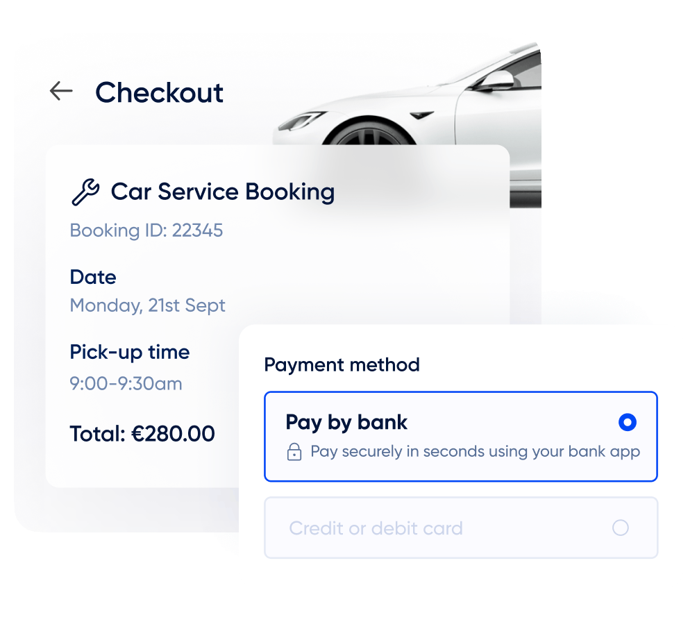 Car service booking checkout with Pay by bank open banking payment option.