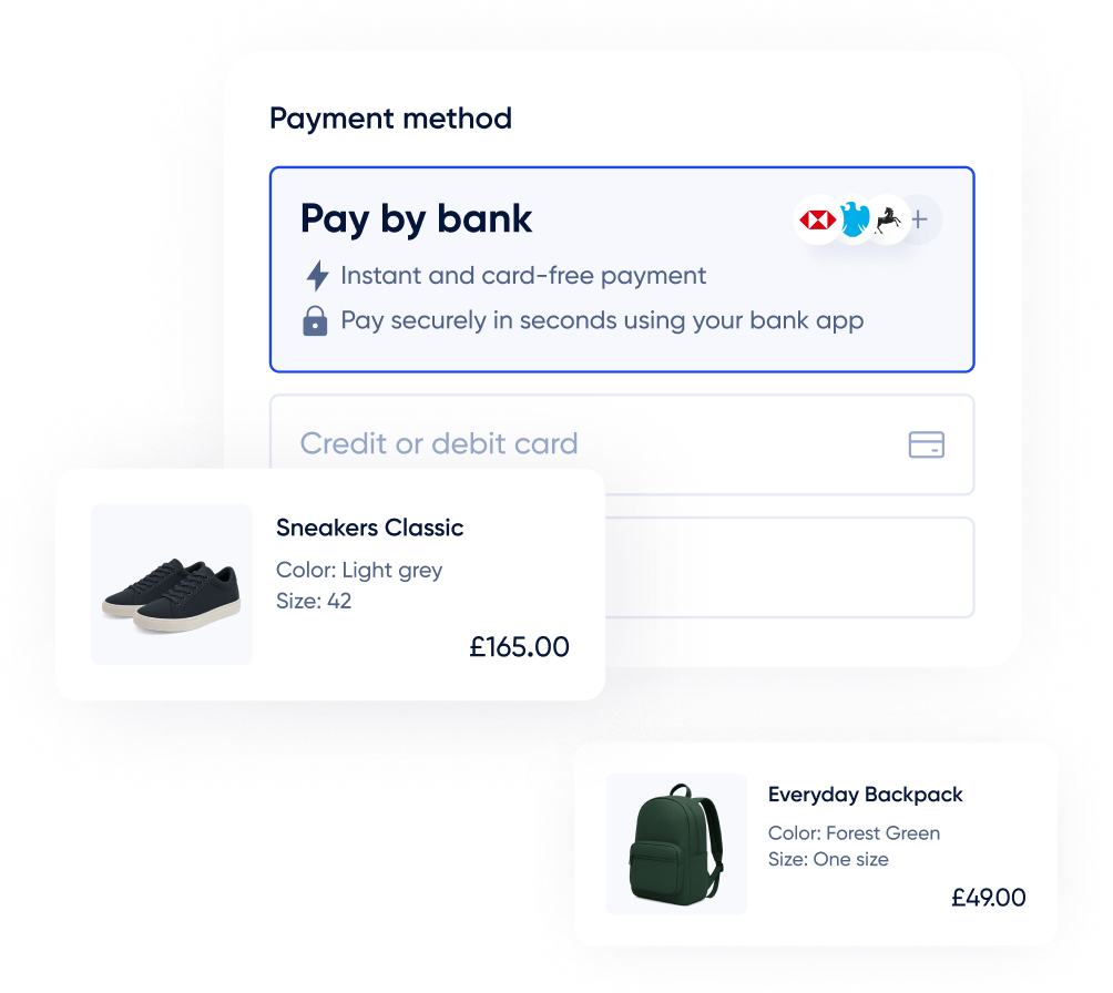Checkout screen showing card-free Pay by bank option for secure open banking payments, with frictionless checkout and instant refunds.