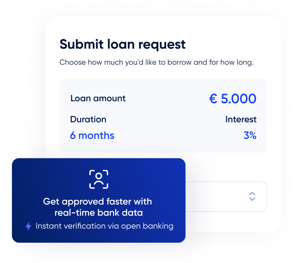 Loan request form with open banking integration for instant verification and faster approval.